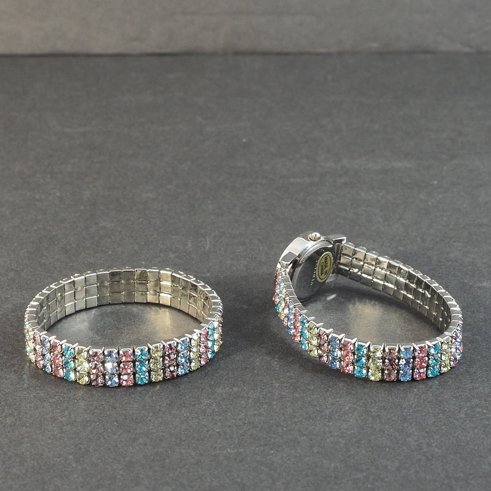 Quartz Watch Stretch Bracelet Matched Set Silver Tone Pastel Rainbow Rhinestone - Picture 3 of 12